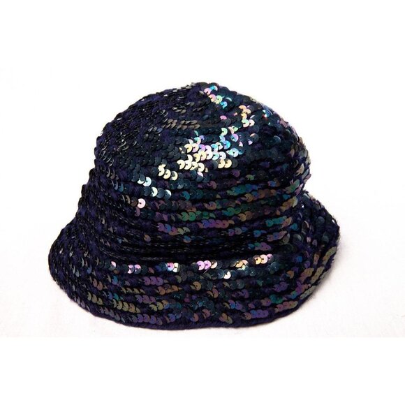 Vintage Hand Knit Purple Shiny Iridescent Sequin Bucket Hat With Brim Size S/M - Picture 1 of 3